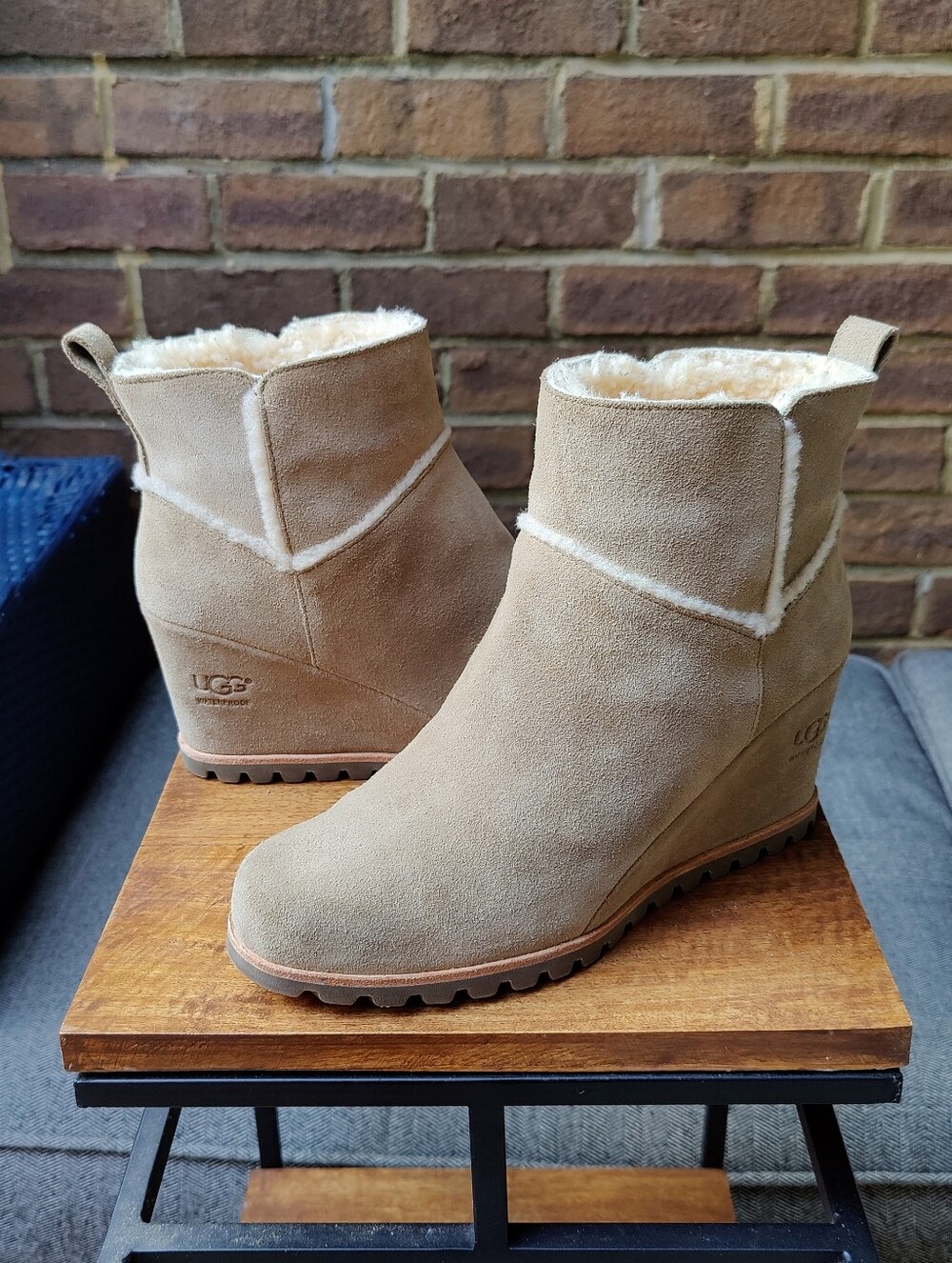 UGG Womens 8.5 Suede Wedge Boots  Waterproof Wool Beige Taupe Booties Marte